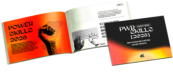 Relatório Power Skills 2026 da Descola, com um livro aberto em tons de laranja e uma capa preta com degradê vermelho e amarelo.